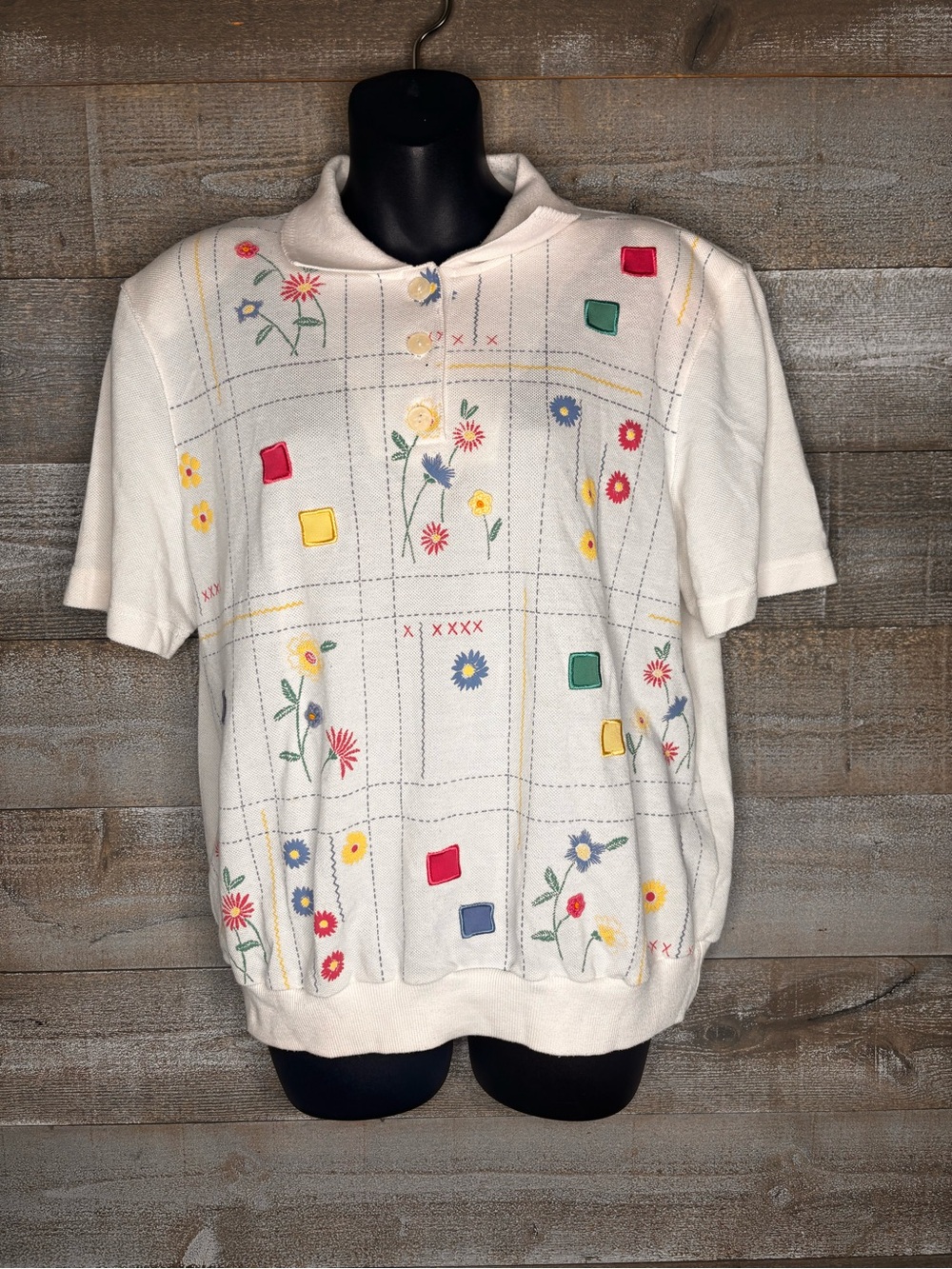 Alfred Dunner vintage 90s cotton blend summer white Short-Sleeve Flower Polo Top